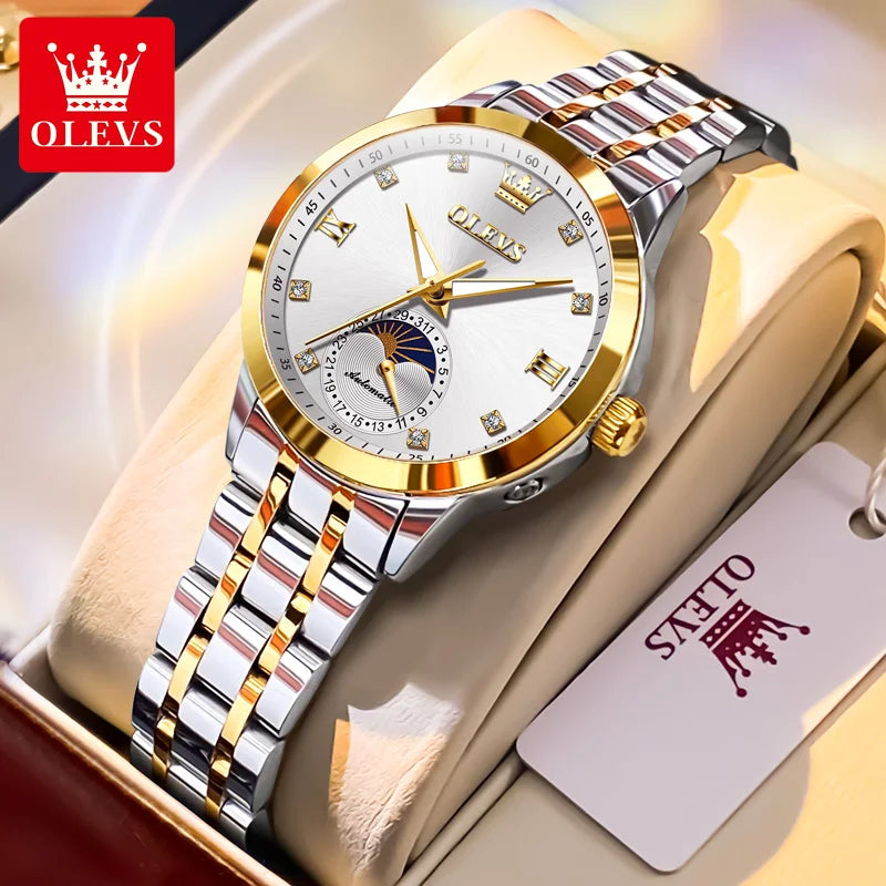 OLEVS Brand Watch Steel Strip Night Light Waterproof Fully Automatic Mechanical Watch Moon Phase Women's Watch 7041