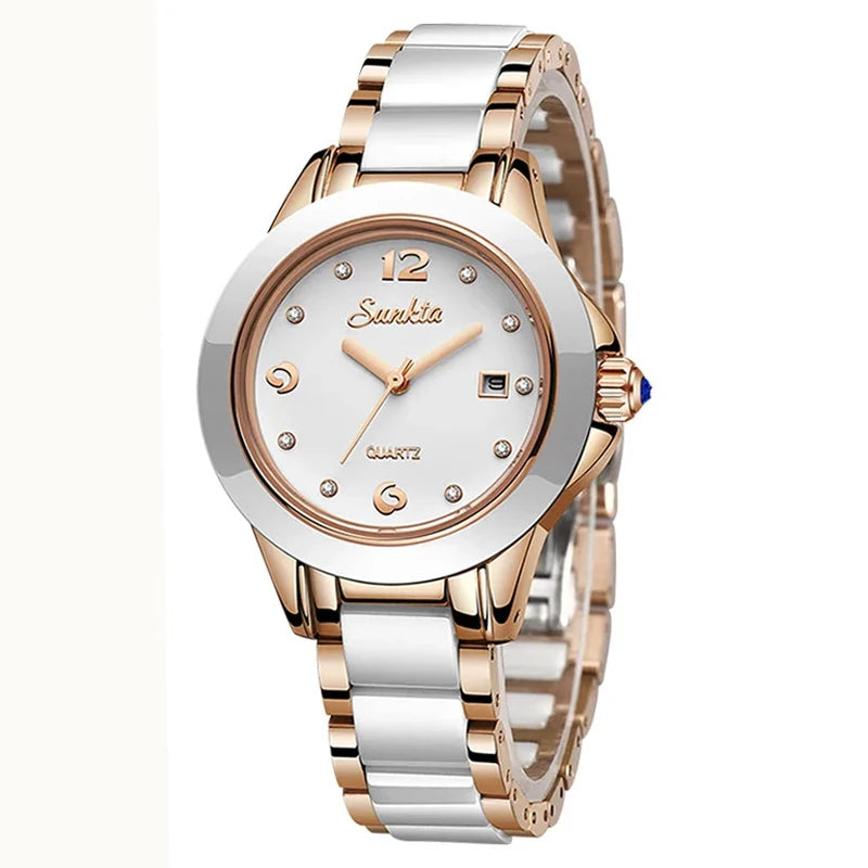 Sunkta Fashion Casual Quartz Woman Watch Elegant Luxury Ceramics Diamond Calendar Waterproof Ladies Women's Watches Montre Femme