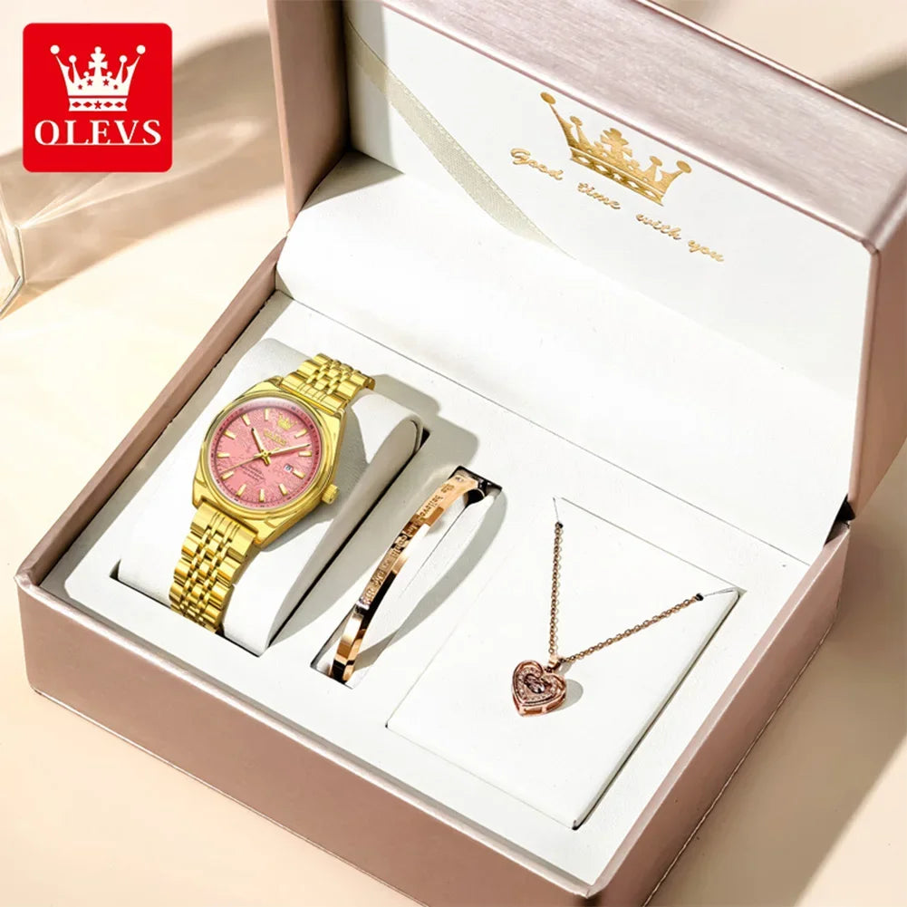 OLEVS New 3703 Watches Woman Elegant Quartz Watch Waterproof Luminous Stainless Steel Date Watches Woman Bracelet Gifts Box