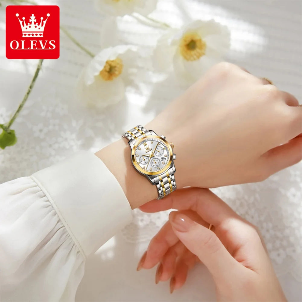 OLEVS Classic Three Eyes Women's Watches Fashion waterproof Chronograph luminous quartz watch for lady dress date genuine watch