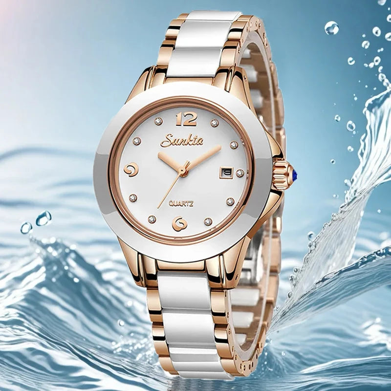 Sunkta Fashion Casual Quartz Woman Watch Elegant Luxury Ceramics Diamond Calendar Waterproof Ladies Women's Watches Montre Femme