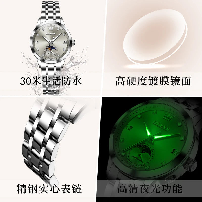 OLEVS Brand Watch Steel Strip Night Light Waterproof Fully Automatic Mechanical Watch Moon Phase Women's Watch 7041