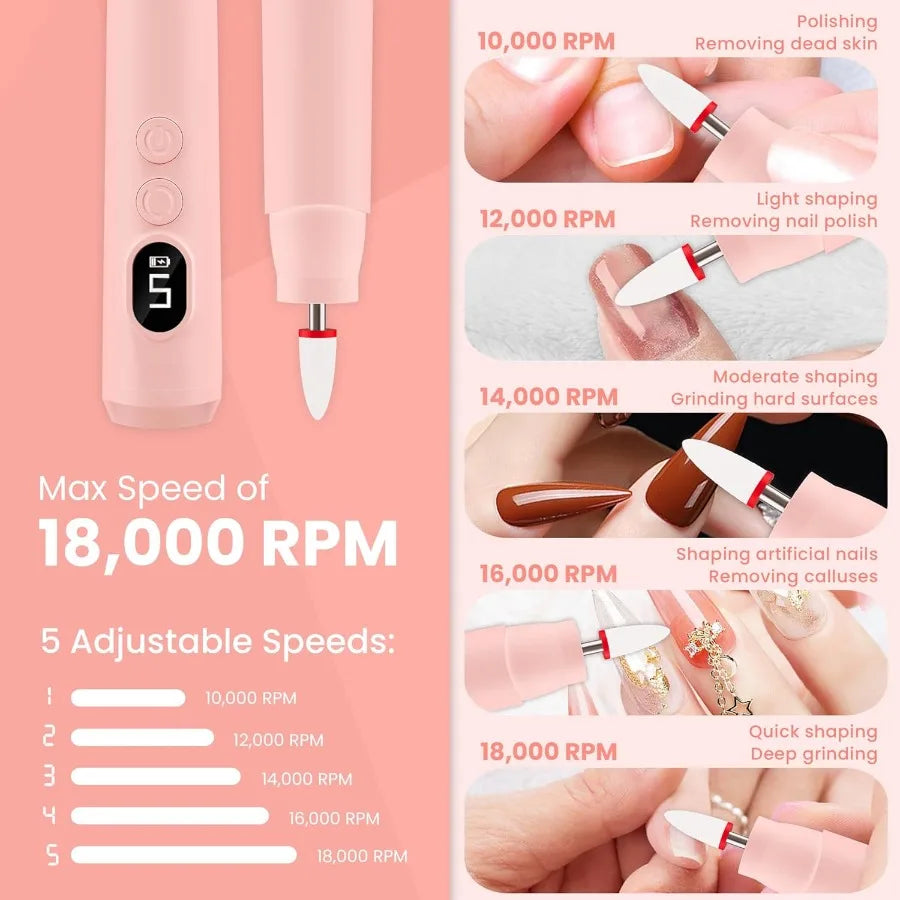 Cordless Electric Nail Drill Kit Portable Rechargeable Nail Drill Set with 5 Speed Modes LED Lighting Reversible Direction Idea