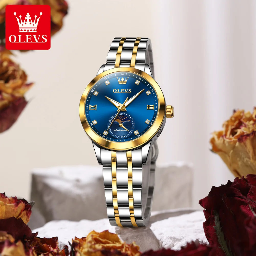 OLEVS Brand Watch Steel Strip Night Light Waterproof Fully Automatic Mechanical Watch Moon Phase Women's Watch 7041
