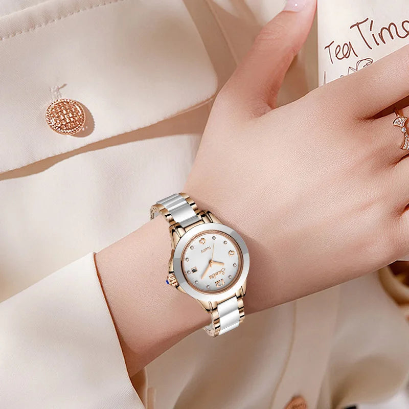 Sunkta Fashion Casual Quartz Woman Watch Elegant Luxury Ceramics Diamond Calendar Waterproof Ladies Women's Watches Montre Femme