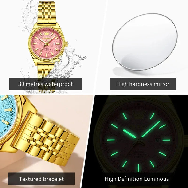 OLEVS New 3703 Watches Woman Elegant Quartz Watch Waterproof Luminous Stainless Steel Date Watches Woman Bracelet Gifts Box