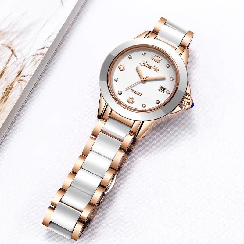 Sunkta Fashion Casual Quartz Woman Watch Elegant Luxury Ceramics Diamond Calendar Waterproof Ladies Women's Watches Montre Femme