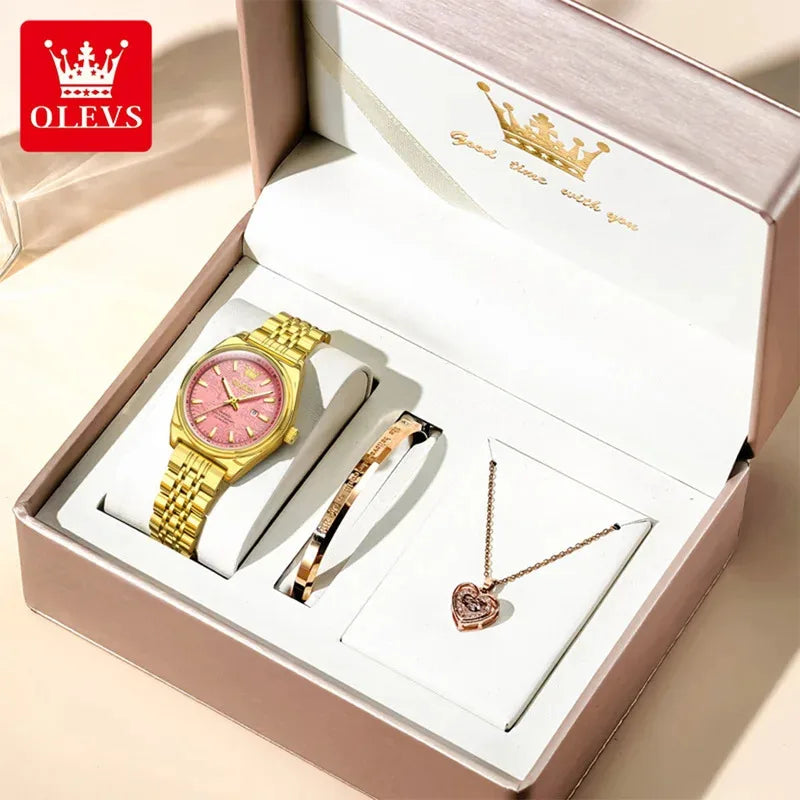 OLEVS New 3703 Watches Woman Elegant Quartz Watch Waterproof Luminous Stainless Steel Date Watches Woman Bracelet Gifts Box