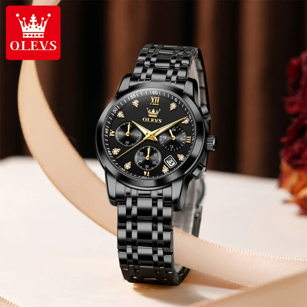 OLEVS Classic Three Eyes Women's Watches Fashion waterproof Chronograph luminous quartz watch for lady dress date genuine watch