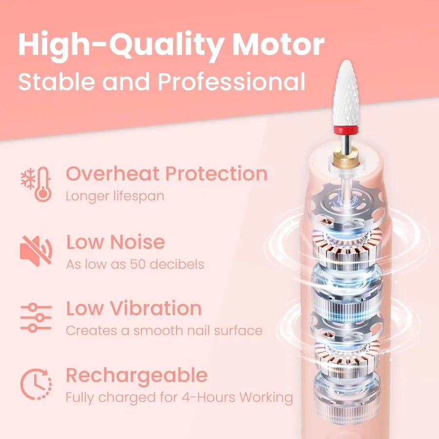 Cordless Electric Nail Drill Kit Portable Rechargeable Nail Drill Set with 5 Speed Modes LED Lighting Reversible Direction Idea