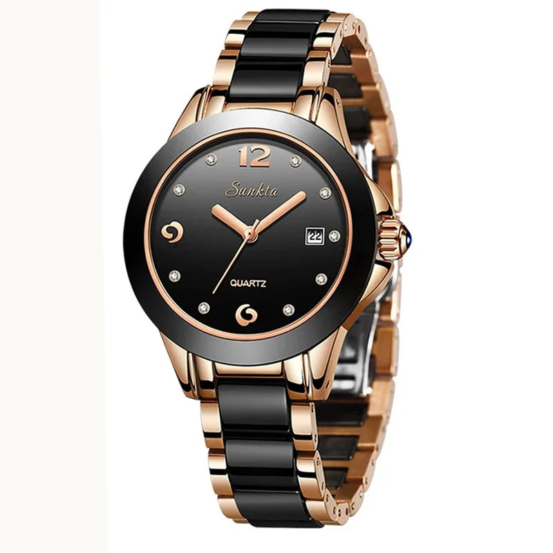 Sunkta Fashion Casual Quartz Woman Watch Elegant Luxury Ceramics Diamond Calendar Waterproof Ladies Women's Watches Montre Femme