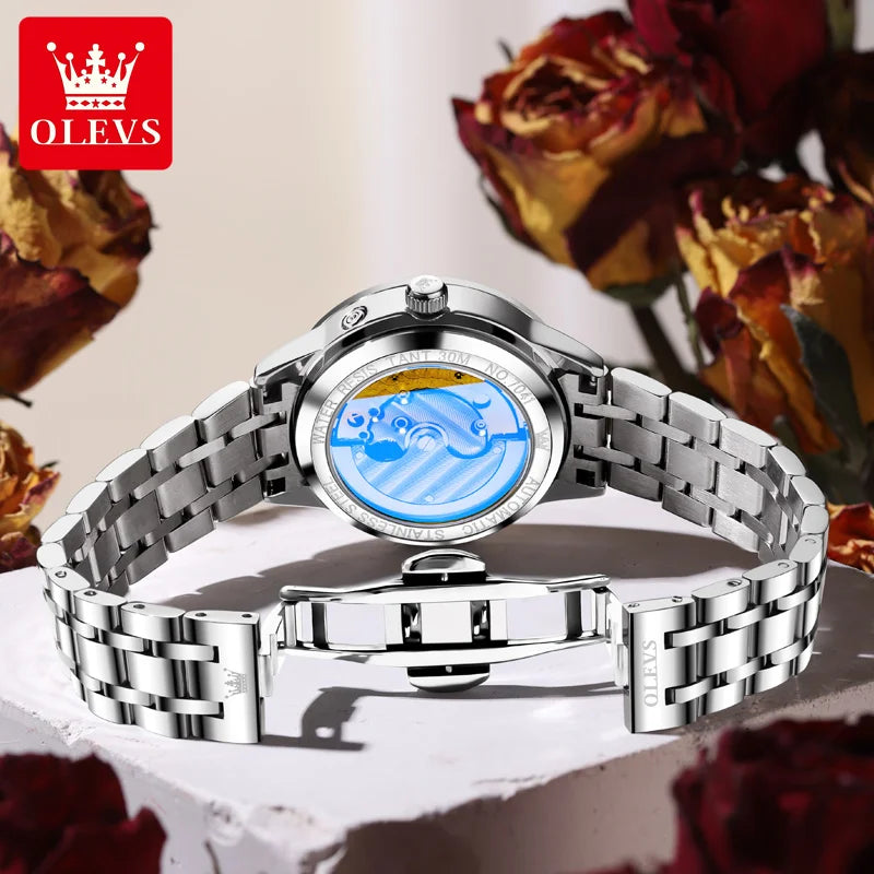 OLEVS Brand Watch Steel Strip Night Light Waterproof Fully Automatic Mechanical Watch Moon Phase Women's Watch 7041