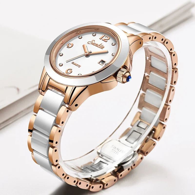 Sunkta Fashion Casual Quartz Woman Watch Elegant Luxury Ceramics Diamond Calendar Waterproof Ladies Women's Watches Montre Femme