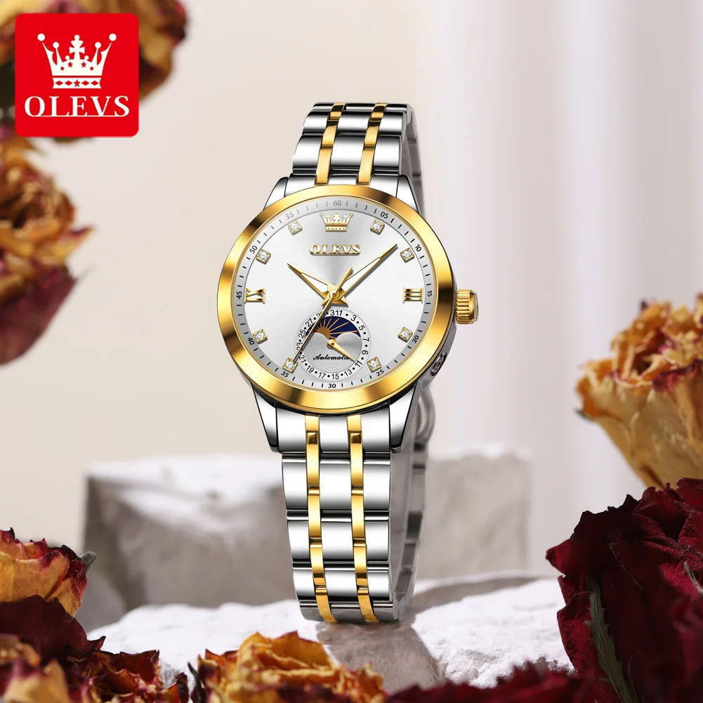 OLEVS Brand Watch Steel Strip Night Light Waterproof Fully Automatic Mechanical Watch Moon Phase Women's Watch 7041