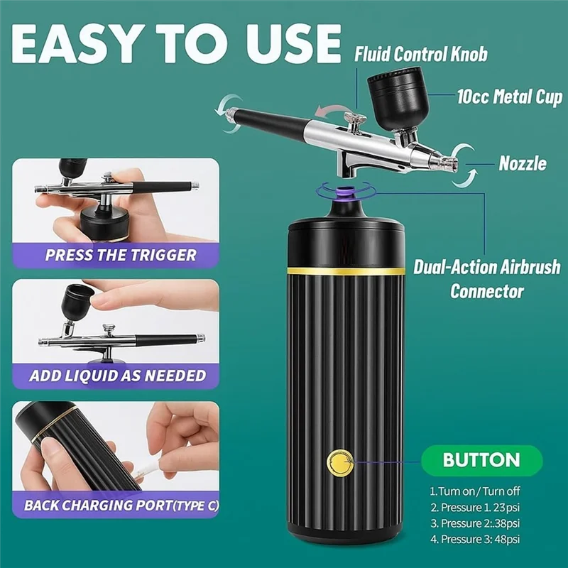 MCGS-Portable Rechargeable Airbrush Set, Cordless Handheld Airbrush Kit, 48 PSI Compressor For Nail Art Makeup