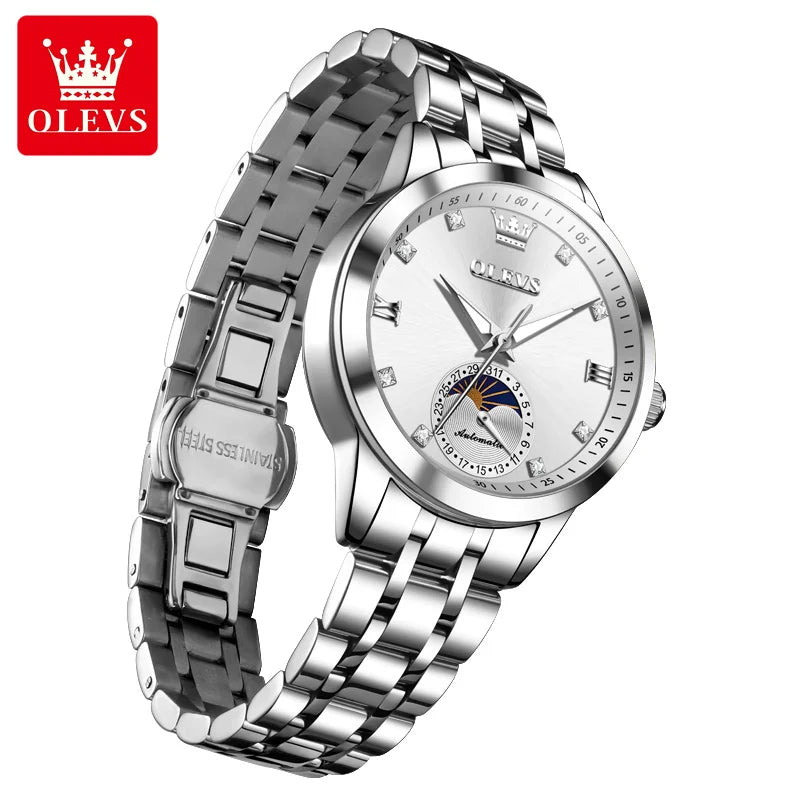 OLEVS Brand Watch Steel Strip Night Light Waterproof Fully Automatic Mechanical Watch Moon Phase Women's Watch 7041