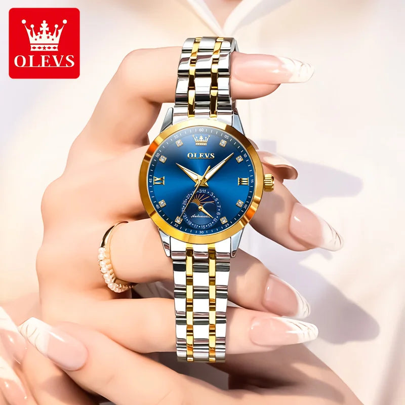 OLEVS Brand Watch Steel Strip Night Light Waterproof Fully Automatic Mechanical Watch Moon Phase Women's Watch 7041