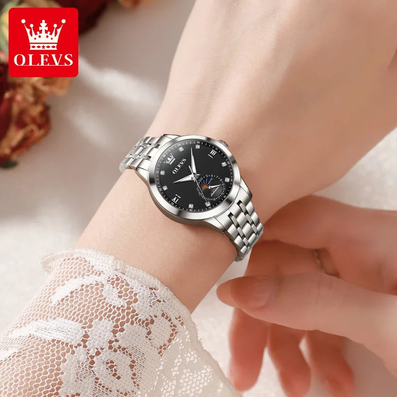 OLEVS Brand Watch Steel Strip Night Light Waterproof Fully Automatic Mechanical Watch Moon Phase Women's Watch 7041