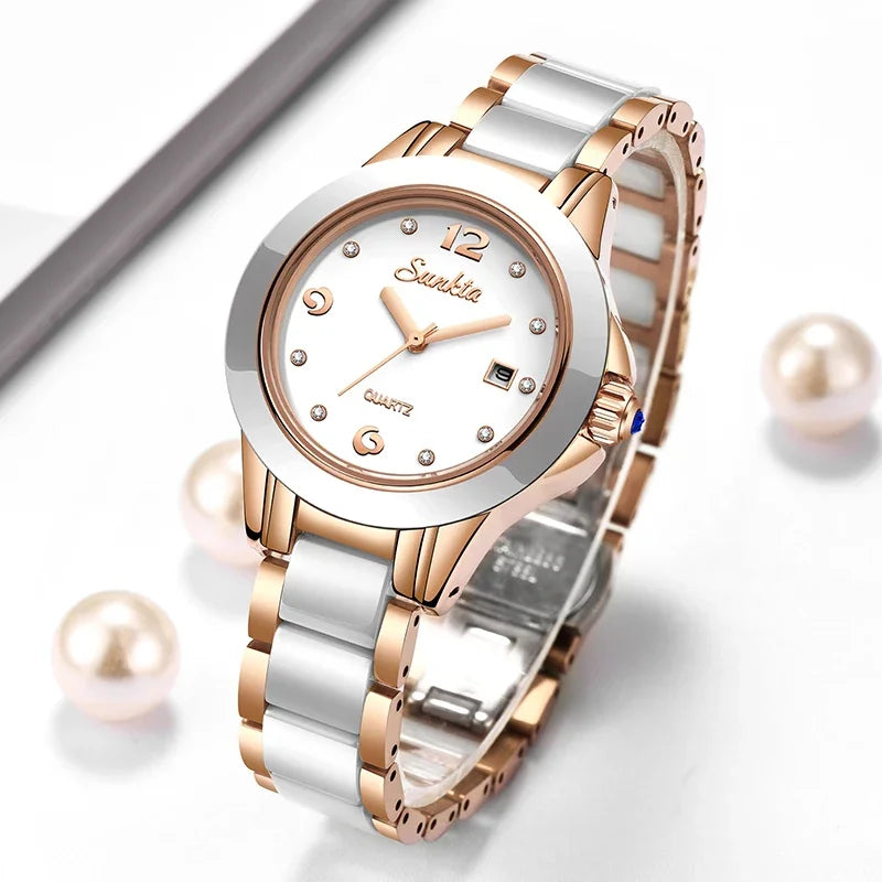 Sunkta Fashion Casual Quartz Woman Watch Elegant Luxury Ceramics Diamond Calendar Waterproof Ladies Women's Watches Montre Femme