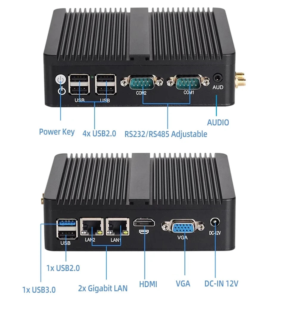 XCY Fanless Mini PC Intel Celeron J6412 N5105 2x GbE LAN 2x RS232 HDMI VGA WiFi 4G LTE Windows 10 Linux Industrial Computer