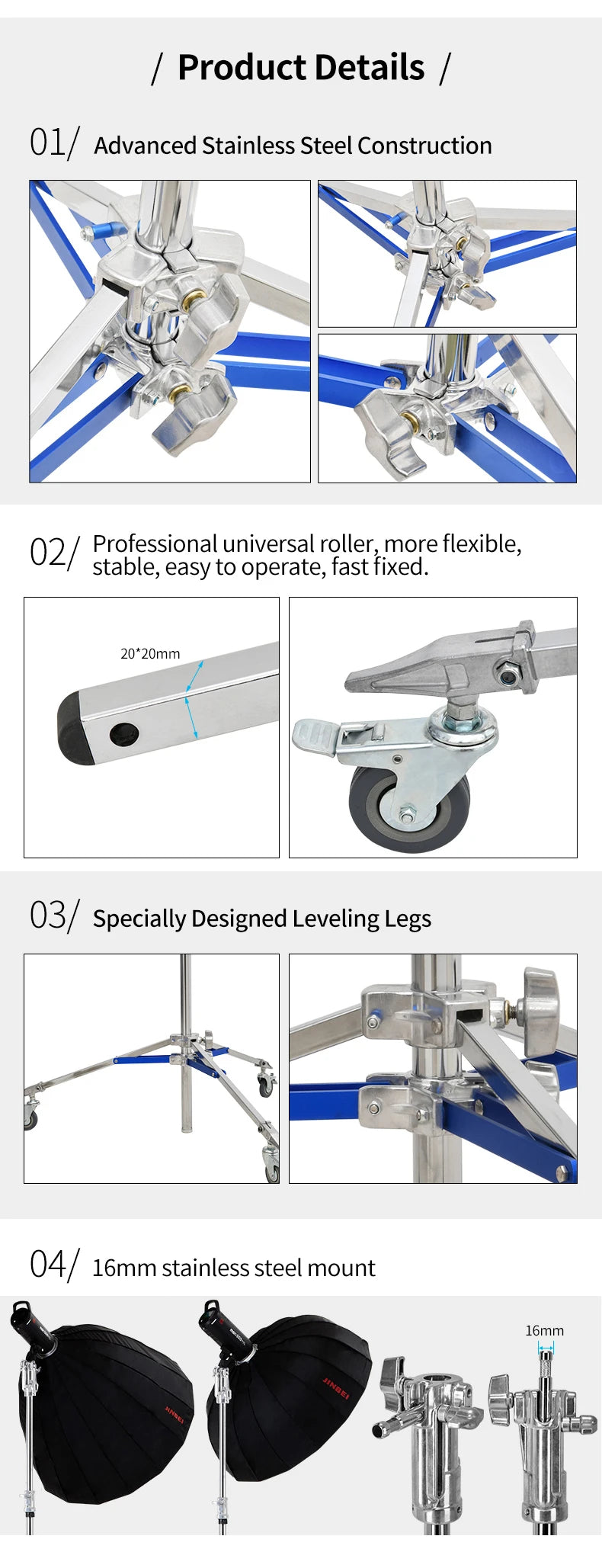 JINBEI JB290A Light Stand Professional Studio Stainless Steel Tripod Photography Live Streaming Room Holder Shooting Equipment