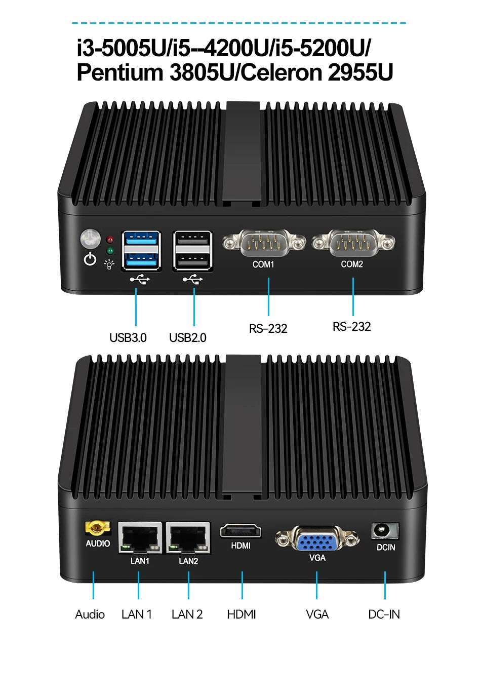 XCY Fanless Mini PC Intel Celeron J6412 N5105 2x GbE LAN 2x RS232 HDMI VGA WiFi 4G LTE Windows 10 Linux Industrial Computer