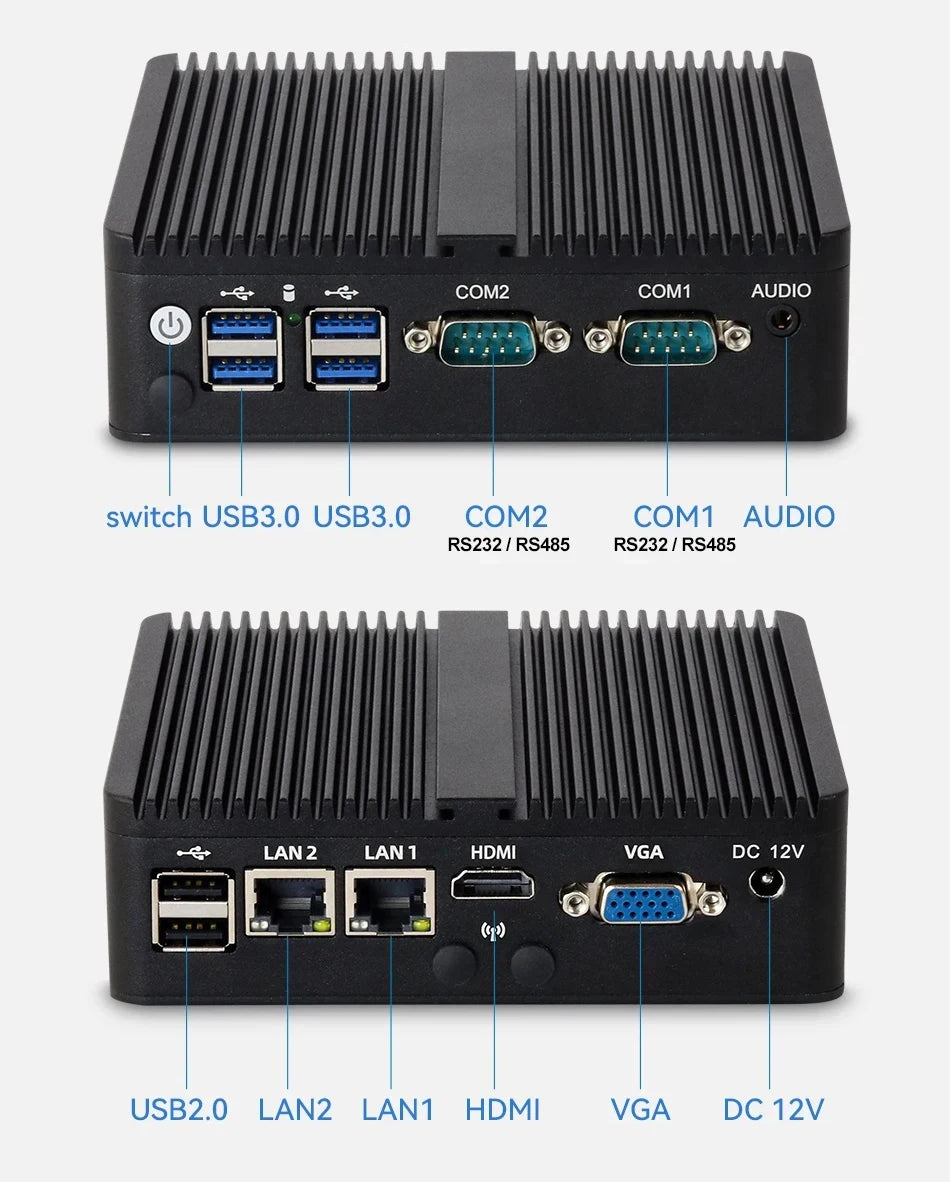 XCY Fanless Mini PC Intel Celeron J6412 N5105 2x GbE LAN 2x RS232 HDMI VGA WiFi 4G LTE Windows 10 Linux Industrial Computer