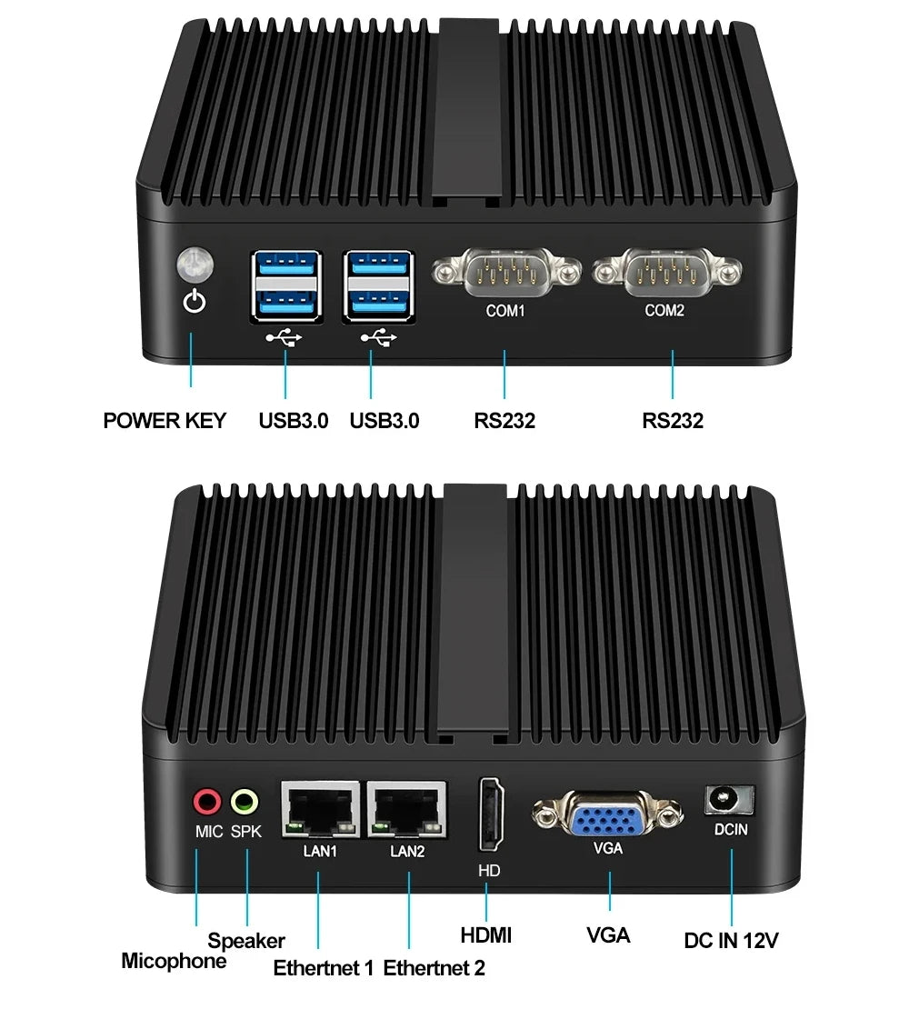 XCY Fanless Mini PC Intel Celeron J6412 N5105 2x GbE LAN 2x RS232 HDMI VGA WiFi 4G LTE Windows 10 Linux Industrial Computer