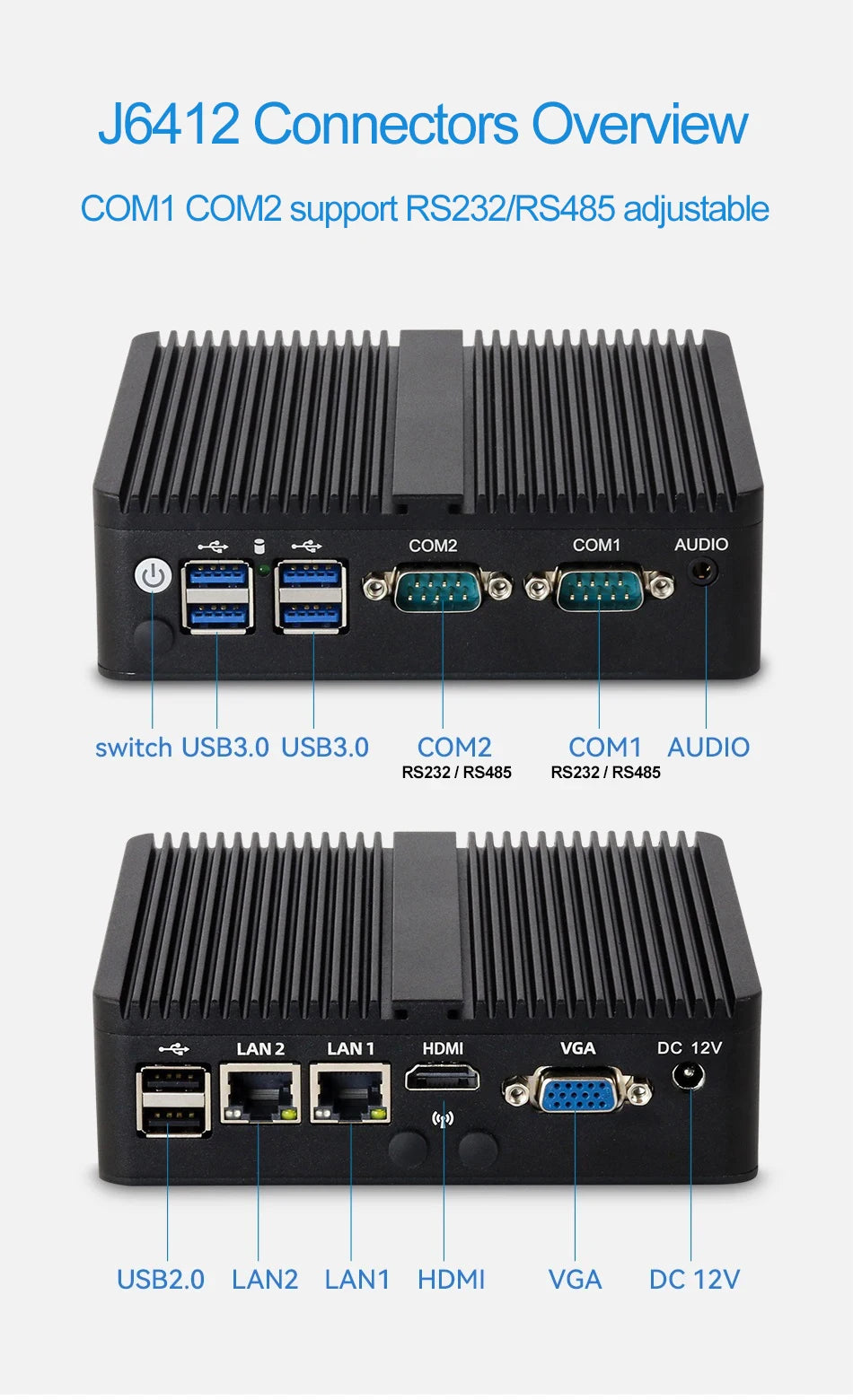 XCY Fanless Mini PC Intel Celeron J6412 N5105 2x GbE LAN 2x RS232 HDMI VGA WiFi 4G LTE Windows 10 Linux Industrial Computer