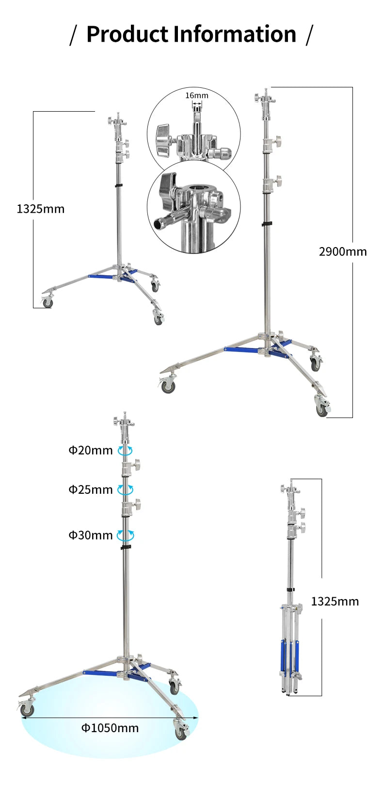 JINBEI JB290A Light Stand Professional Studio Stainless Steel Tripod Photography Live Streaming Room Holder Shooting Equipment