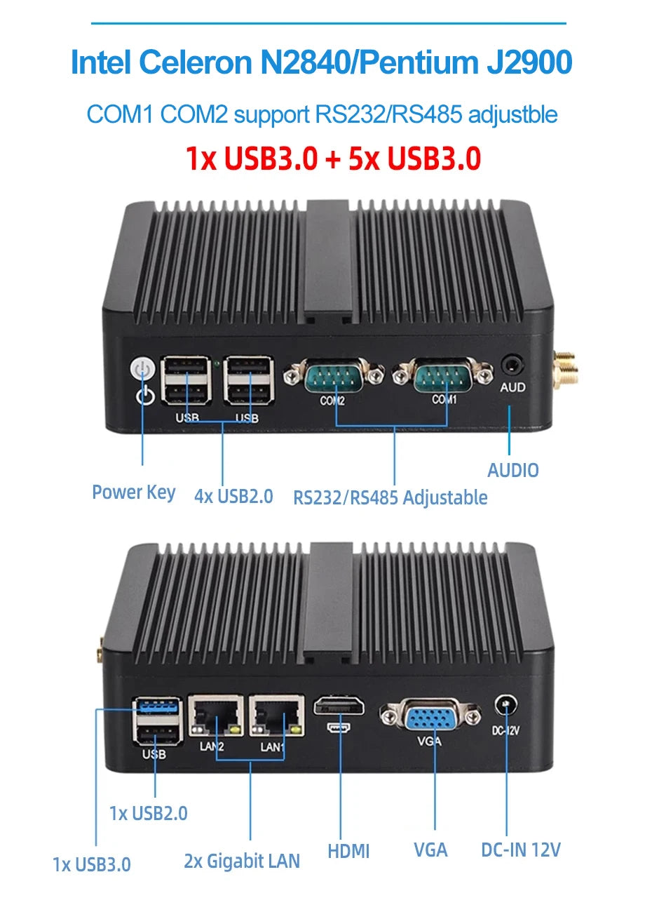 XCY Fanless Mini PC Intel Celeron J6412 N5105 2x GbE LAN 2x RS232 HDMI VGA WiFi 4G LTE Windows 10 Linux Industrial Computer