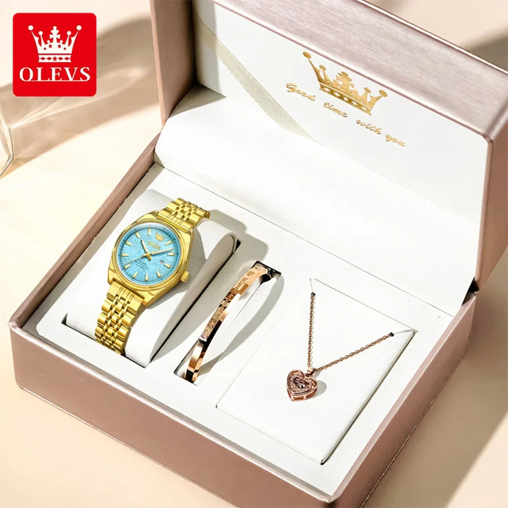 OLEVS New 3703 Watches Woman Elegant Quartz Watch Waterproof Luminous Stainless Steel Date Watches Woman Bracelet Gifts Box