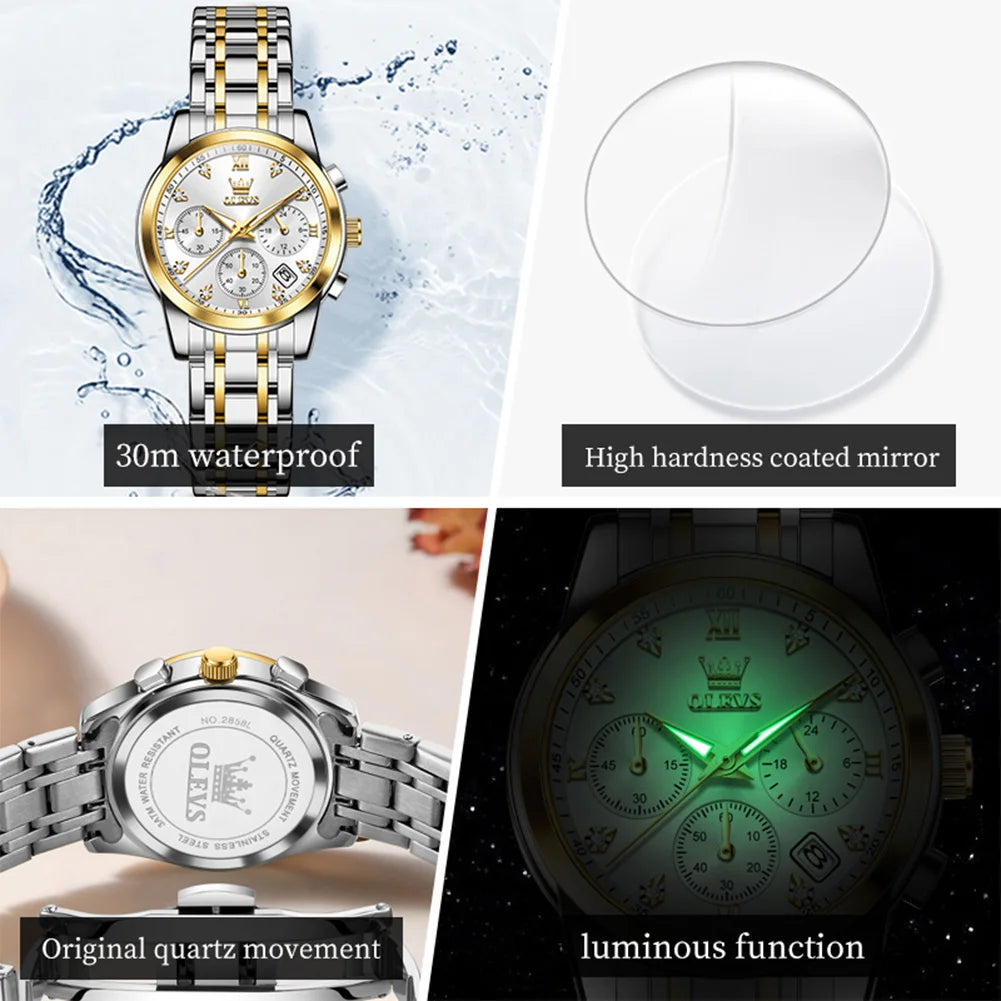 OLEVS Classic Three Eyes Women's Watches Fashion waterproof Chronograph luminous quartz watch for lady dress date genuine watch