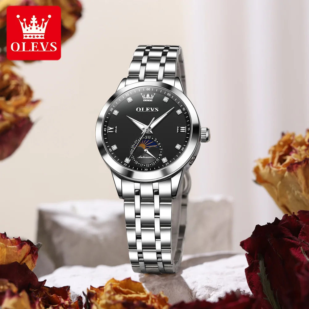 OLEVS Brand Watch Steel Strip Night Light Waterproof Fully Automatic Mechanical Watch Moon Phase Women's Watch 7041