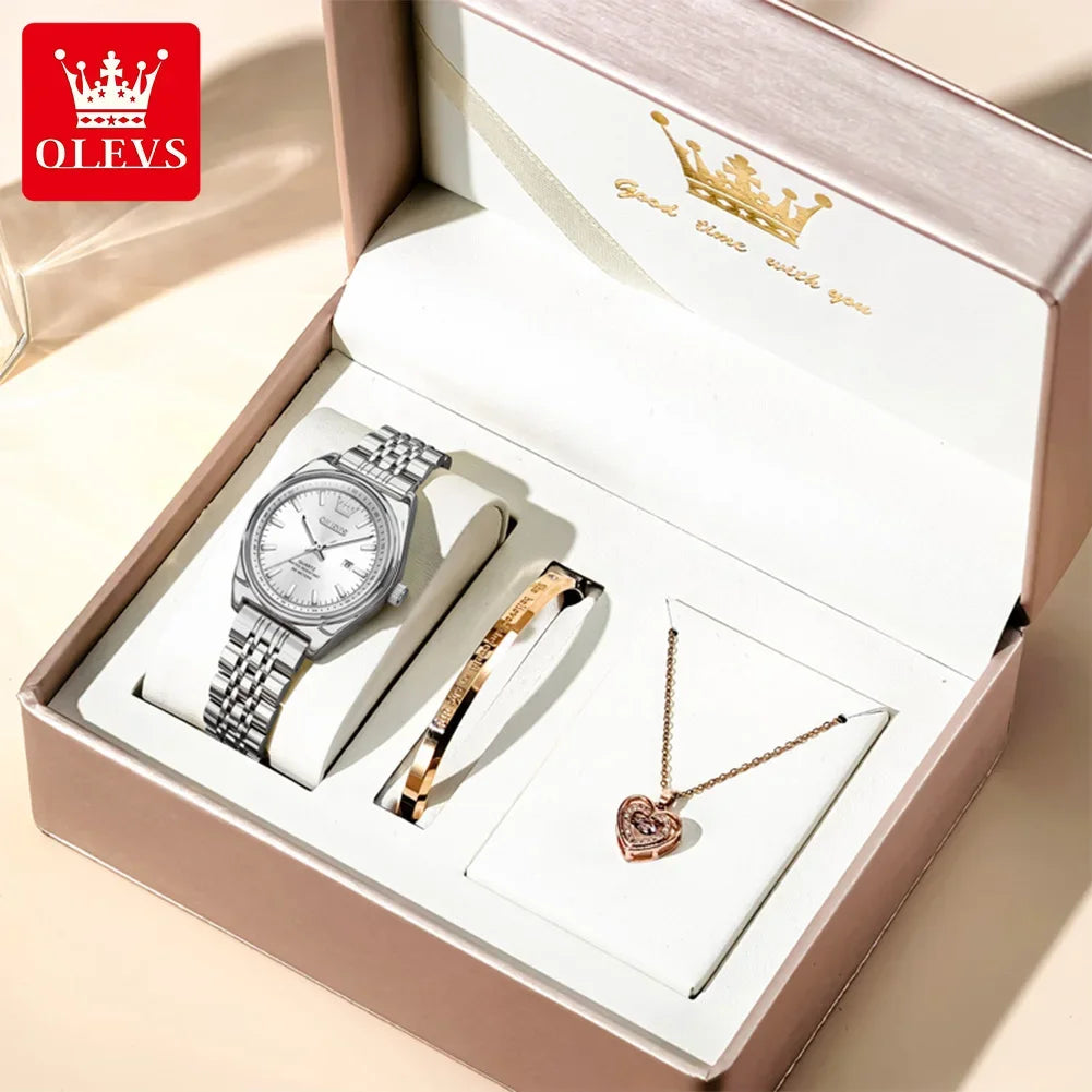 OLEVS New 3703 Watches Woman Elegant Quartz Watch Waterproof Luminous Stainless Steel Date Watches Woman Bracelet Gifts Box