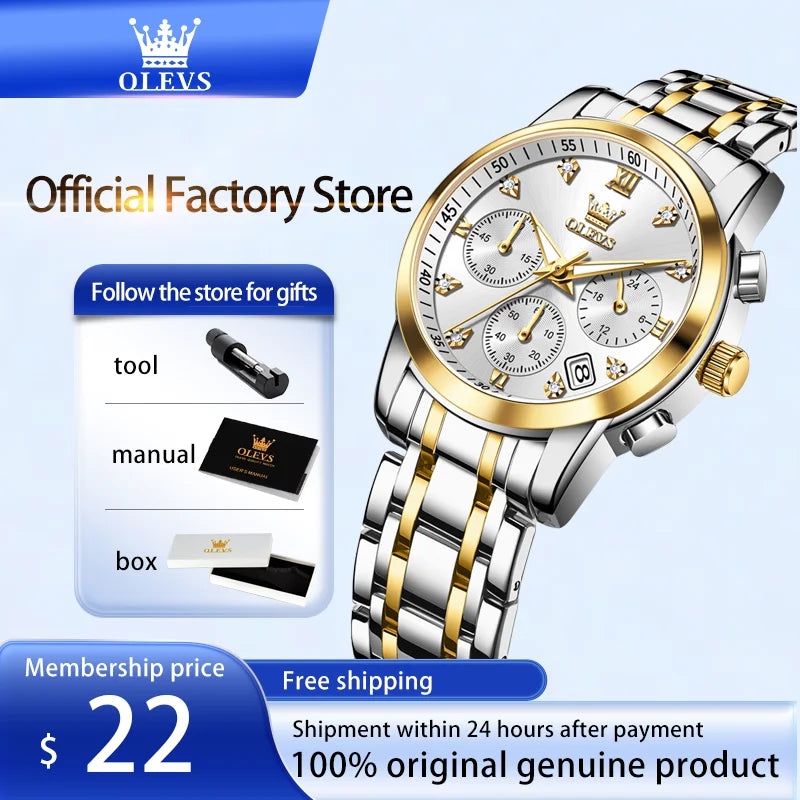 OLEVS Classic Three Eyes Women's Watches Fashion waterproof Chronograph luminous quartz watch for lady dress date genuine watch