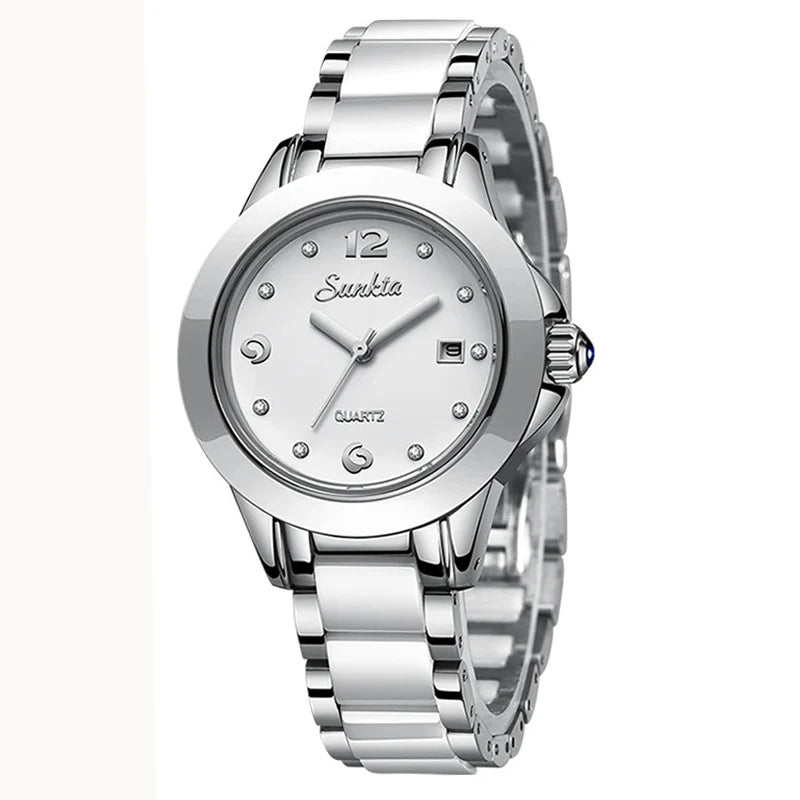 Sunkta Fashion Casual Quartz Woman Watch Elegant Luxury Ceramics Diamond Calendar Waterproof Ladies Women's Watches Montre Femme