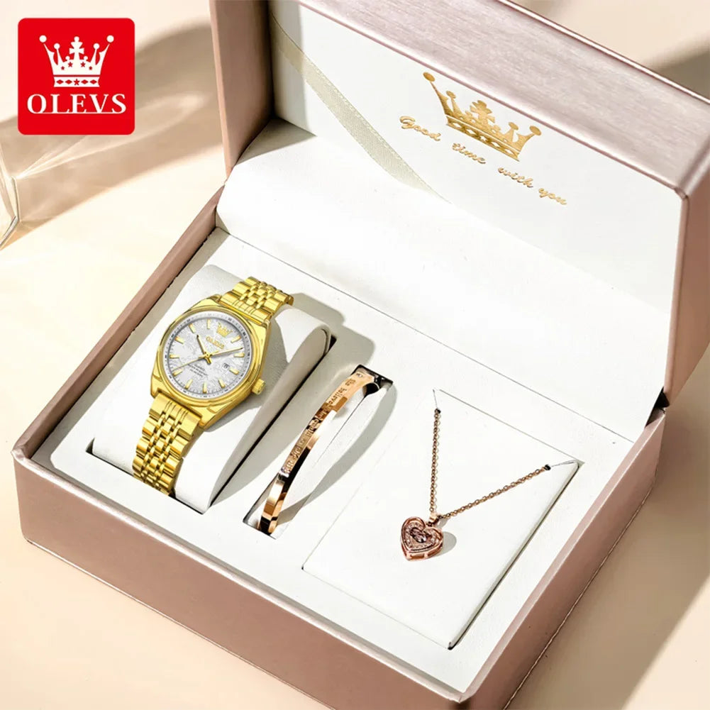 OLEVS New 3703 Watches Woman Elegant Quartz Watch Waterproof Luminous Stainless Steel Date Watches Woman Bracelet Gifts Box