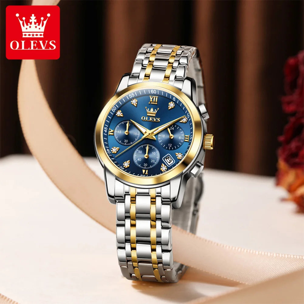 OLEVS Classic Three Eyes Women's Watches Fashion waterproof Chronograph luminous quartz watch for lady dress date genuine watch