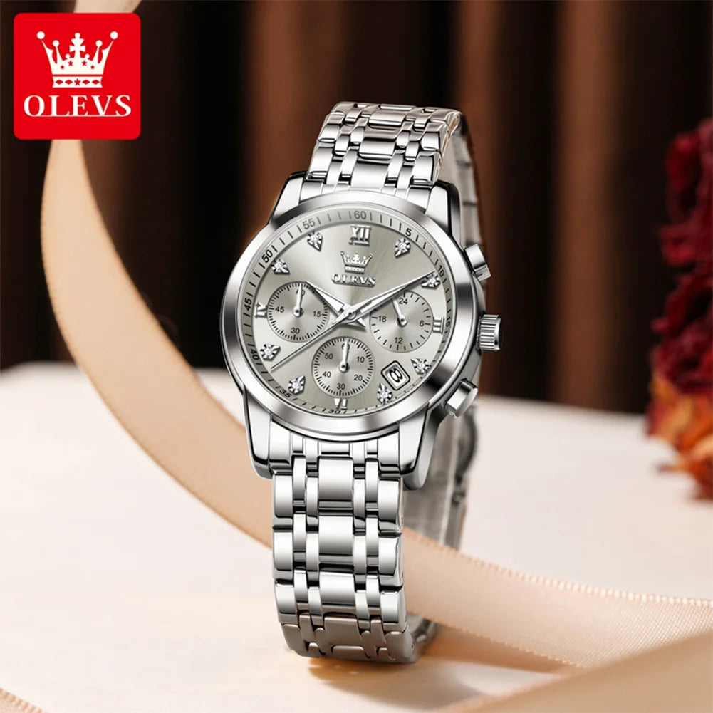 OLEVS Classic Three Eyes Women's Watches Fashion waterproof Chronograph luminous quartz watch for lady dress date genuine watch