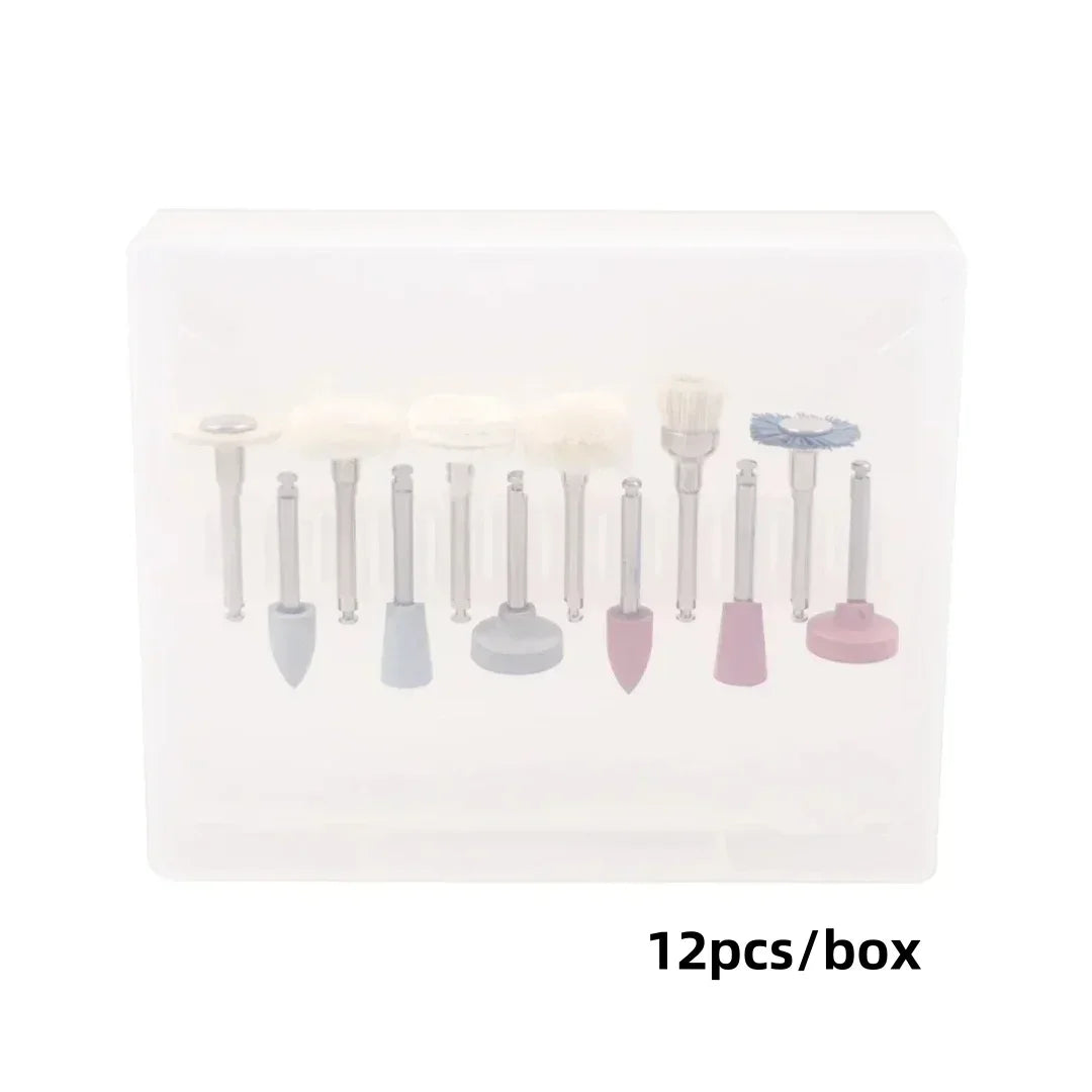 12Pcs/Box Dental Composite Polishing Kit for Dental RA2.35mm Shank Low Speed Handpiece Teeth Nail Polisher Tool Grinding Heads